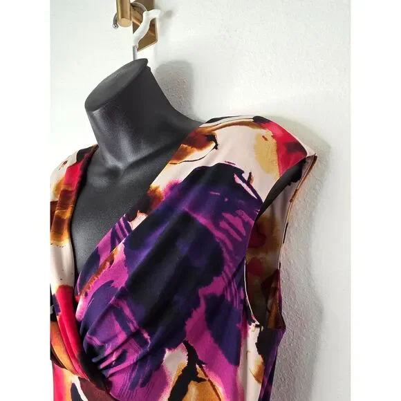 Ralph Lauren Floral Faux Wrap V Neck Ruched Sleeveless Dress 10P - Picture 10 of 11